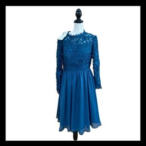 JJ's House Mother of the Bride Dress Size 6 Midi Blue Lace Flowy Chiffon A Line